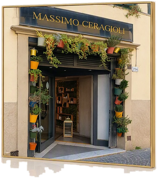 La vetrina di Massimo Ceragioli in Via Fillungo 214: l’insegna blu con le lettere d’oro, i vasi di fiori colorati, la porta aperta sul salone